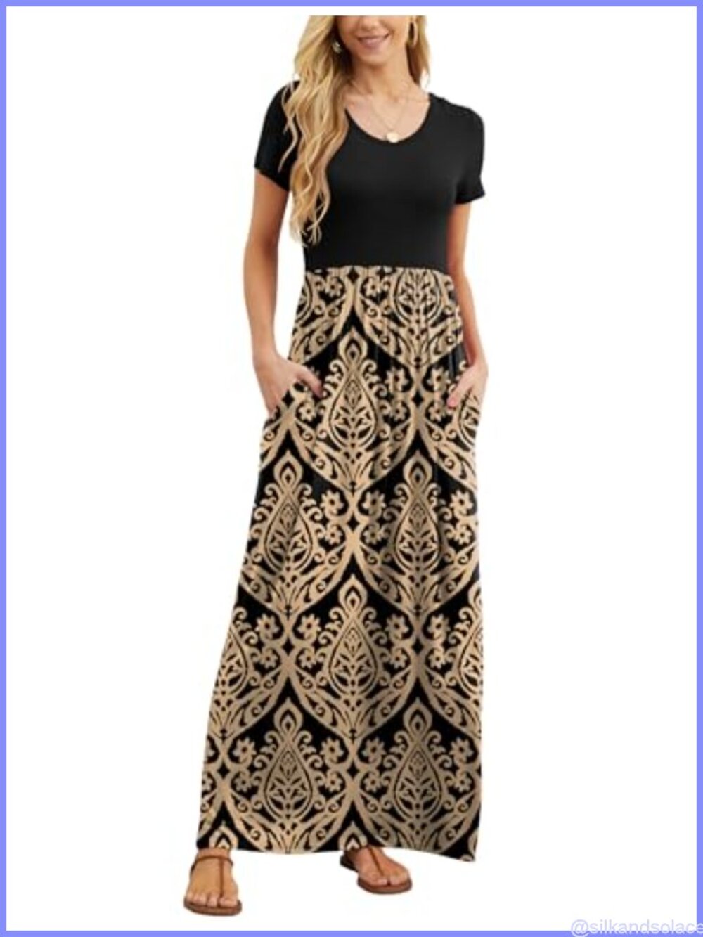 Maxi Long Dress Short Sleeve with Pockets Elastic Waist Casual Floral Rayon
